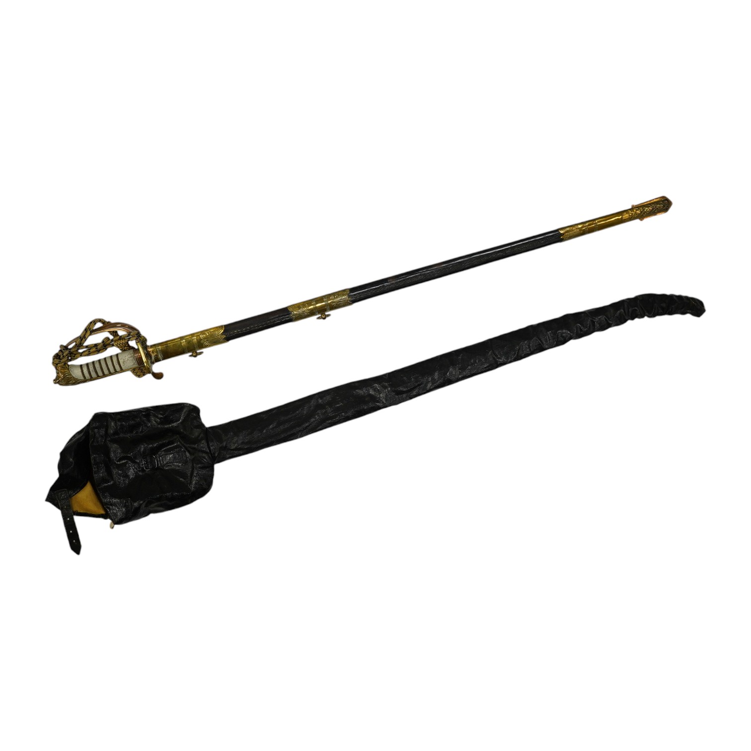 An 1846 pattern naval officer’s sword by Gieves, with folding thumb guard and knot, in its leather scabbard with brass mounts. Together with its outer soft leather cover. Condition - fair, notable wear to grip.